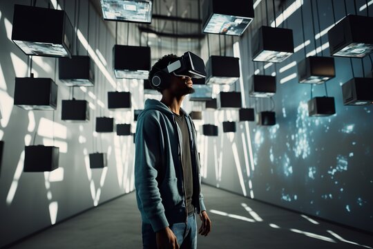 a man wearing virtual reality glasses visits a museum of digital art, paintings and modern sculpture