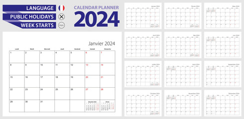 French calendar planner for 2024. French language, week starts from Monday. - obrazy, fototapety, plakaty