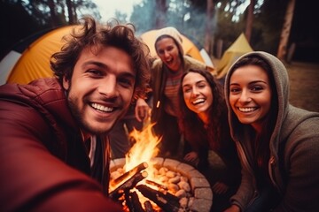 Obraz na płótnie Canvas fun joy good mood, selfie of friends outside camping with a tent and campfire in free time, trip travel adventure