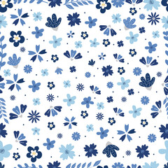 Beautiful seamless vintage floral pattern with flower and green leaves. Vector texture. Trend print for textiles and wallpaper on isolated white background.