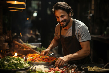 A traveler takes a break from work to enjoy a cooking class, blending skills enhancement with relaxation during their trip. Generative Ai.