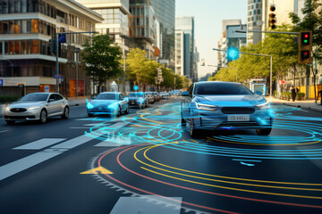 Obraz premium Concept of autonomous Self-Driving car system for safety drive long distance