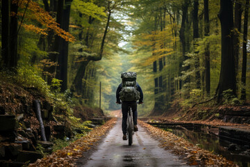 Obraz premium A cyclist navigates a scenic trail that winds through a forest, showcasing the accessibility of outdoor adventure in the neighborhood. Generative Ai.