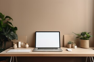 Minimal workspace with empty computer screen, writing space, and decor. Generative AI