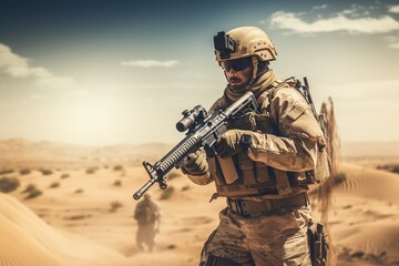 soldier in squad in uniform with a gun in a war zone similar to a desert region with sand and dust and bright sunlight during the day