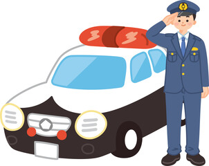 パトカーの前で敬礼する男性警察官 © shintako