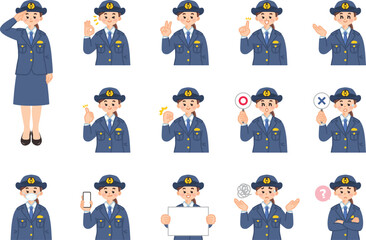 Fototapeta premium 女性警察官 表情とジェスチャーのイラスト素材セット