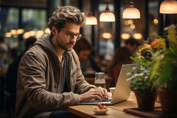 A young professional works on a laptop in a cafe, showcasing the concept of remote work as a means to reduce workplace stress. Generative Ai.