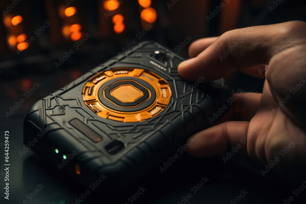 Poster a close-up of a person's hand pressing a button on a hardware wallet to confirm a secure cryptocurre