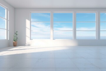 A well-lit white room featuring a window and empty floor in high-definition environment map. Generative AI