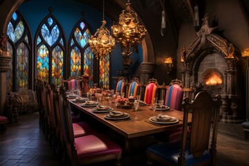 Fototapeta na wymiar Vibrant medieval castle-themed dining room with unique and bold interior design, perfect for home renovations. Generative AI