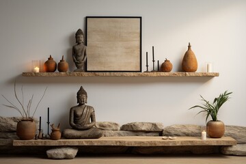 Stone wall shelve, vases, candlesticks, sculptures, Balinese daybed, mock-up poster frame. Generative AI