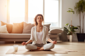 Fototapeta na wymiar Young pretty woman meditating on floor in living room, yoga at home