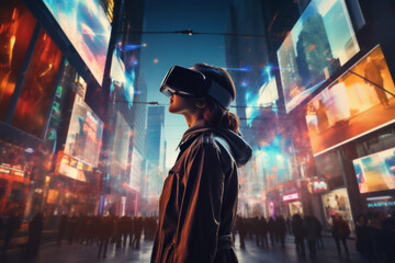 A person exploring a virtual reality (VR) environment of a futuristic blockchain city, envisioning the potential impact of blockchain technology. Generative Ai.