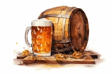 Watercolor illustration of beer barrel and ale mug, ideal for brewery and pub concept. Generative AI
