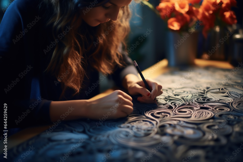 Poster a close-up of a student's hand sketching intricate designs as part of an art project, expressing the
