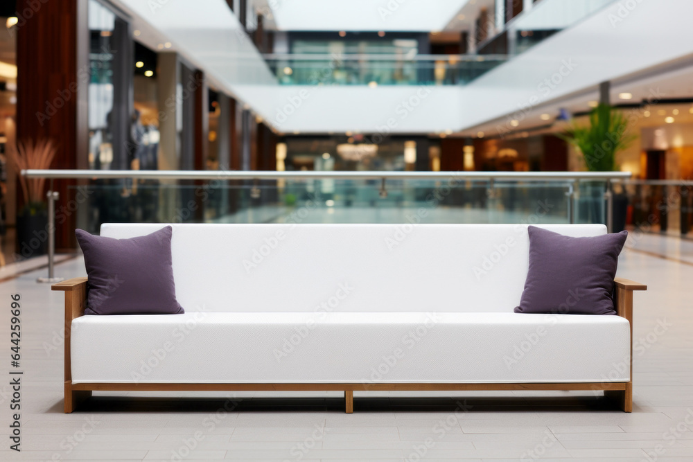 Poster a comfortable sofa in a shopping mall for customers. background with selective focus and copy space