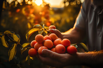 in the hands of a farmer, a harvest of ripe apricots, mini peaches are collected from a tree