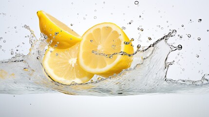 An image of a fresh lemon plunging into crystal clear water.