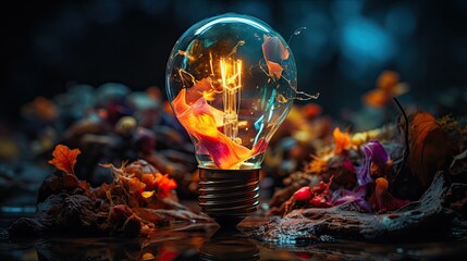 An image of a light bulb breaking into a symphony of colors. - obrazy, fototapety, plakaty
