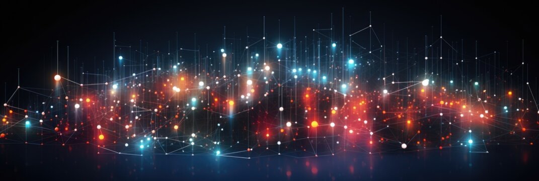 An image of a network grid with multi-colored particles elegantly connected to each other.