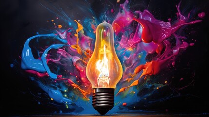 Image of a light bulb exploding with a colorful explosion of paint on the background.