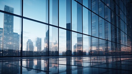 Image of a skyscraper office building, glass windows and reflective surfaces. - obrazy, fototapety, plakaty