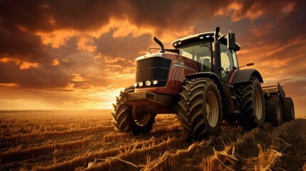 Naklejka premium Image of a tractor working in the field against the background of the setting sun.