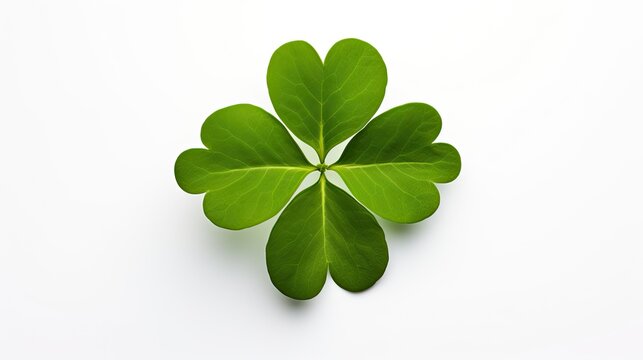 Image of one four-leaf green clover isolated on white background.