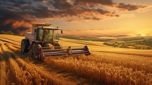 Image of warm shades of a rustic field at sunset with a tractor.