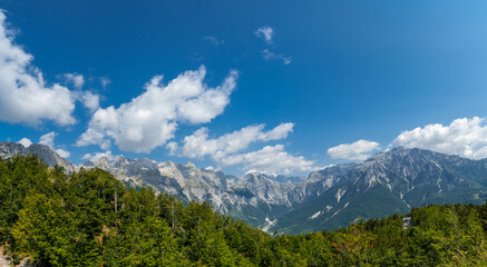 Panoramic view of the valley peaks of Theth National Park, Albania. Albanian Alps