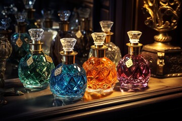 Glass bottles with traditional perfume and ittar on display