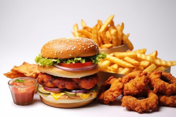 Buffet table of take out or delivery foods. hamburgers, fried chicken, french fries and sides. fast food and junk food.