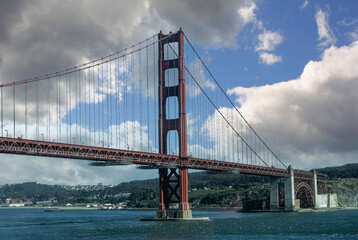 San Francisco, CA, USA - July 13, 2023: Ocean side, south landing and tower of Golden Gate bridge...