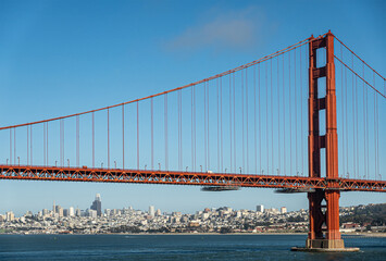 San Francisco, CA, USA - July 13, 2023: Downtown urban jungle seen from under Golden Gate bridge,...