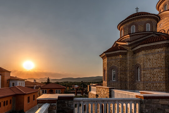 Monastery of Dormition of Holy Mary (Panagia Evrou) Orthodox Monastery, Makri Evros Greece, catholic church in Byzantine style, sunset colors