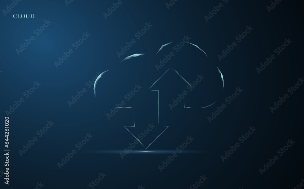 Poster cloud technologies, vector illustration. wireframe cloud storage sign with two up and down arrows on