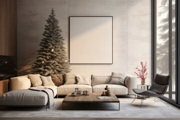 Modern and minimalist living room with a decorated Christmas tree and framed artwork. Generative AI
