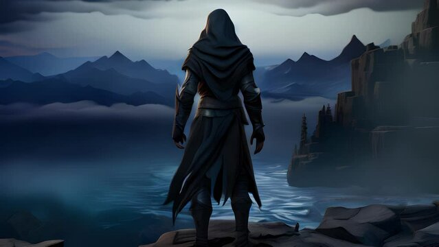 A rogue of the thief class standing in a light mist at the edge of a cliff. She wears supple leather armor and a hood pulled up to obscure her face. In one hand she carries