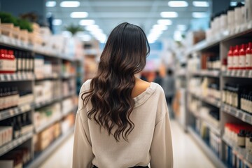 Young asian woman back view of walking in cosmetics department at the mall
