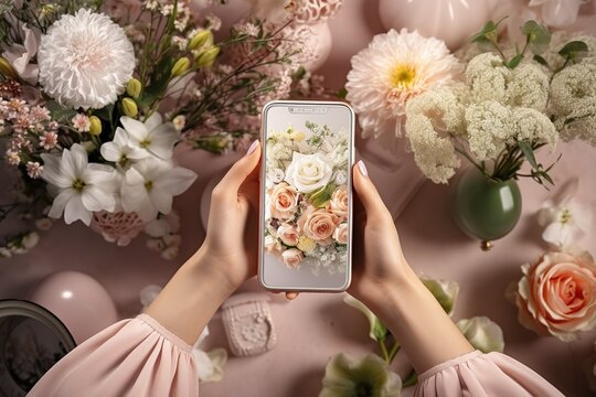 Woman hands taking top view photo of spring fashion accessories with smartphone. Influencer and social media.