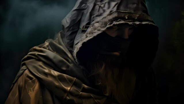 Peering out from beneath a thick charcoal hooded cloak the weatherbeaten face of a Dwarf is seen in profile. His leather jerkin is marked with smudged brown faded grey and