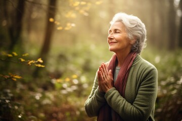 a standing female aged 80 praying in the forest