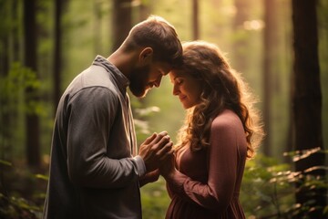 a standing couple aged 30 praying in the forest