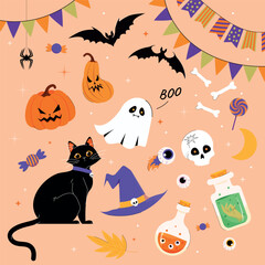 Happy Halloween Set of elements, ghost, pumpkin, bat and cat. Vector  illustration in hand drawn style. Magic collection clip art in hand drawing style. Ideas for stickers