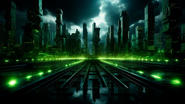 futuristic city wallpaper, dark green background