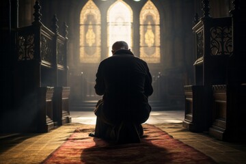 a kneeling male aged 65 praying in a church