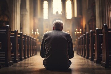 Capturing a moment: a seated male aged 65 praying in a church