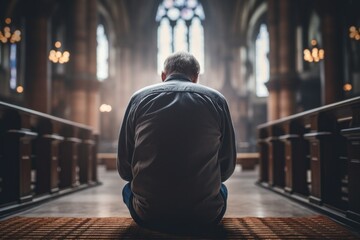 Expressive shot: a seated male aged 65 praying in a church