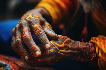 A close-up of a person's hand intricately painting traditional Aboriginal art in Australia, conveying stories and connections to the land. Generative Ai. - obrazy, fototapety, plakaty